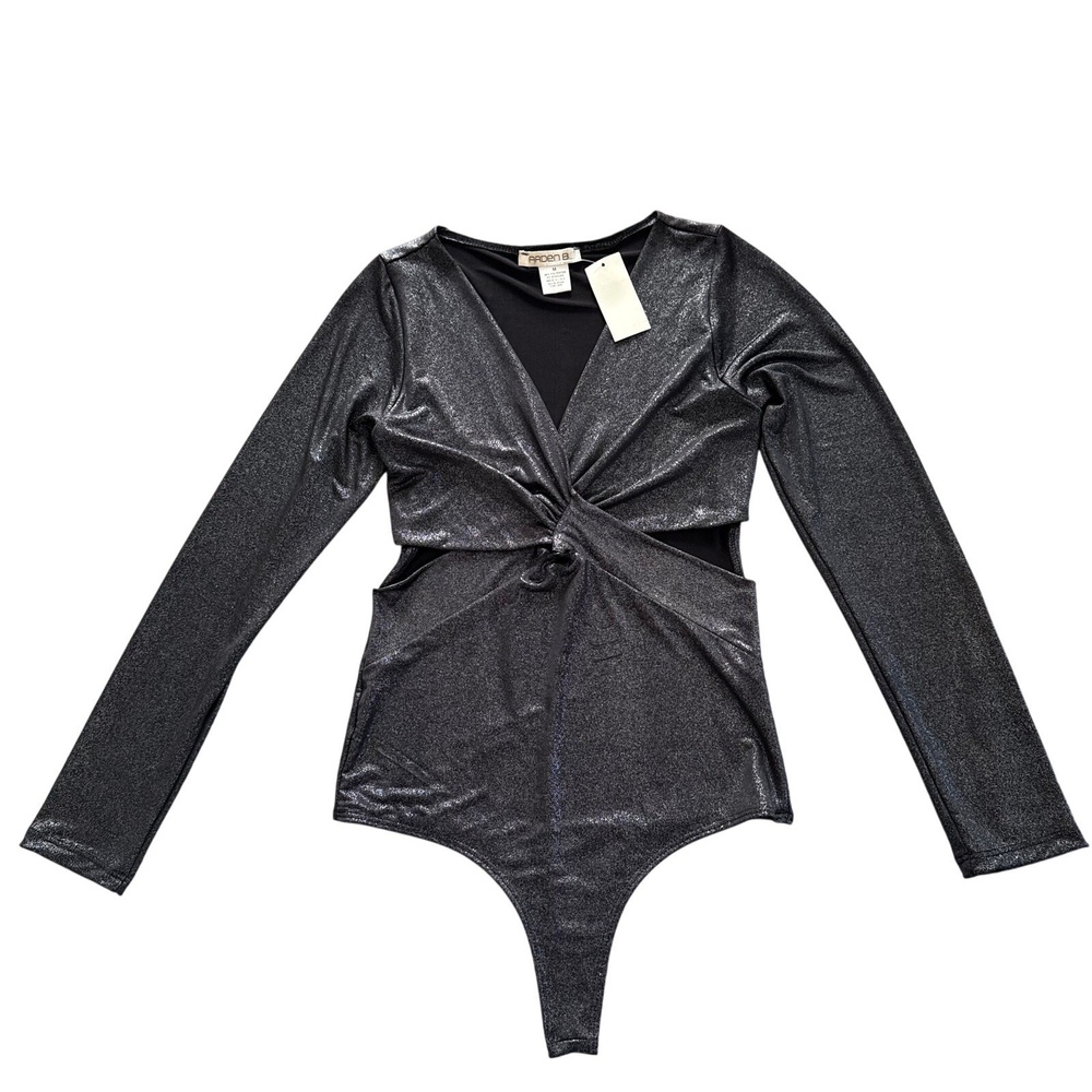 Arden B Womens Bodysuit Long Sleeve Black Glitter Twist Front M New